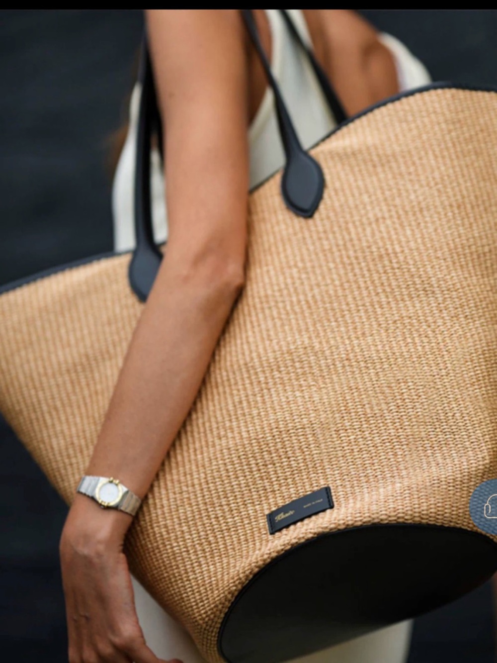 Natural Raffia Tote with Black Leather Handles